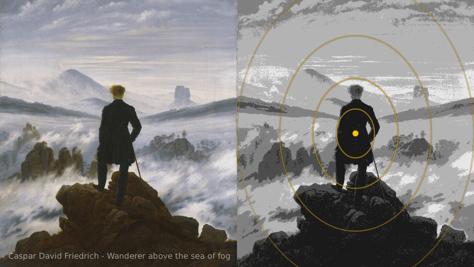 Oil painting — left: original composition, right: rule-of-thirds overlay applied