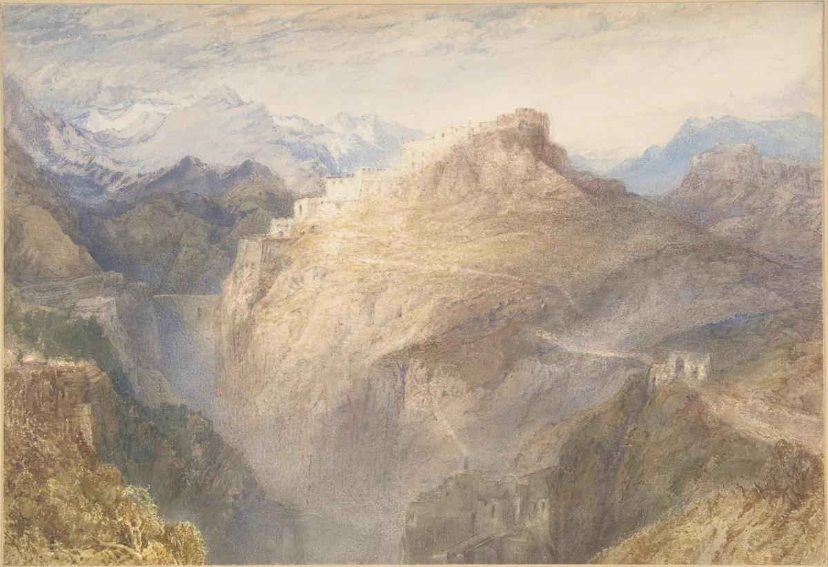 J.M.W. Turner's watercolor The Fort of L'Esseillon showing atmospheric perspective — warm sunlit cliff face in the foreground contrasts with blue-grey snow peaks dissolving into mist at the horizon