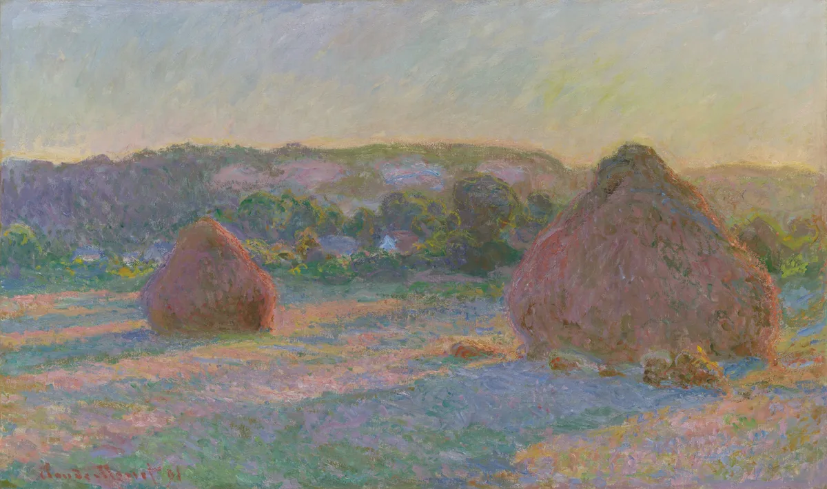 Claude Monet's Stacks of Wheat End of Summer 1890 showing atmospheric perspective — warm textured haystacks in the foreground contrast with the soft dissolved violet-green tree line and hills behind