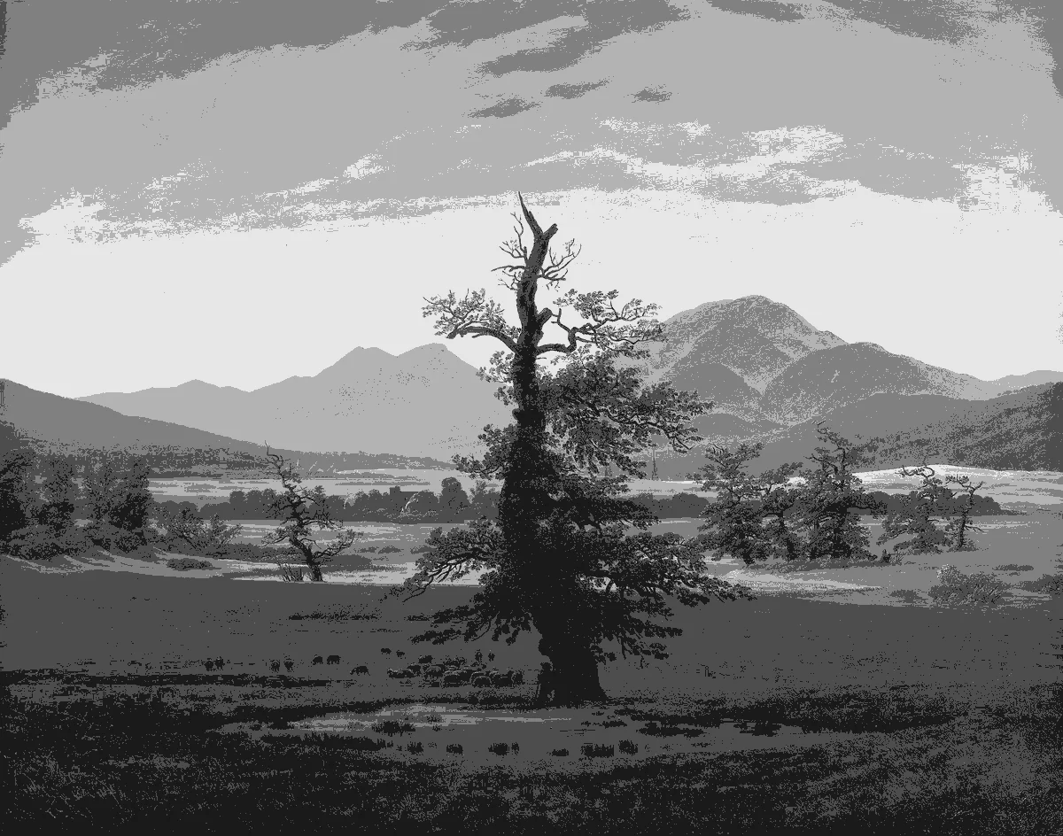 Critico's 5-tone value view of Friedrich's The Lonely Tree. The dark foreground band occupies the lowest tone; the mountains compress into a narrow mid-light range; the horizon band is the lightest passage — three distinct tiers, no distant darks.