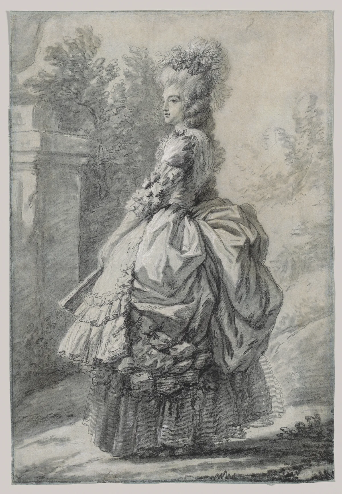 Vigée Le Brun's portrait of Marie Antoinette in a park showing how a strong vertical figure against a diagonal recession creates confident compositional structure