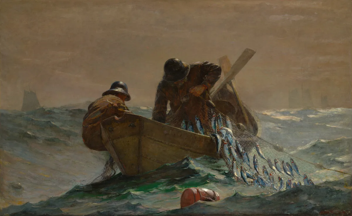 Winslow Homer's The Herring Net showing two fishermen hauling a catch, with the diagonal line of the net cutting powerfully across a wide horizontal marine composition