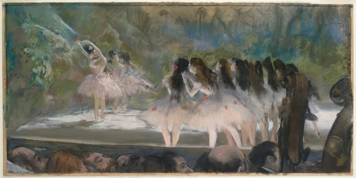 Degas's Ballet at the Paris Opéra showing radical cropping, split-level composition with orchestra musicians below and dancers above, influenced by Japanese woodblock prints