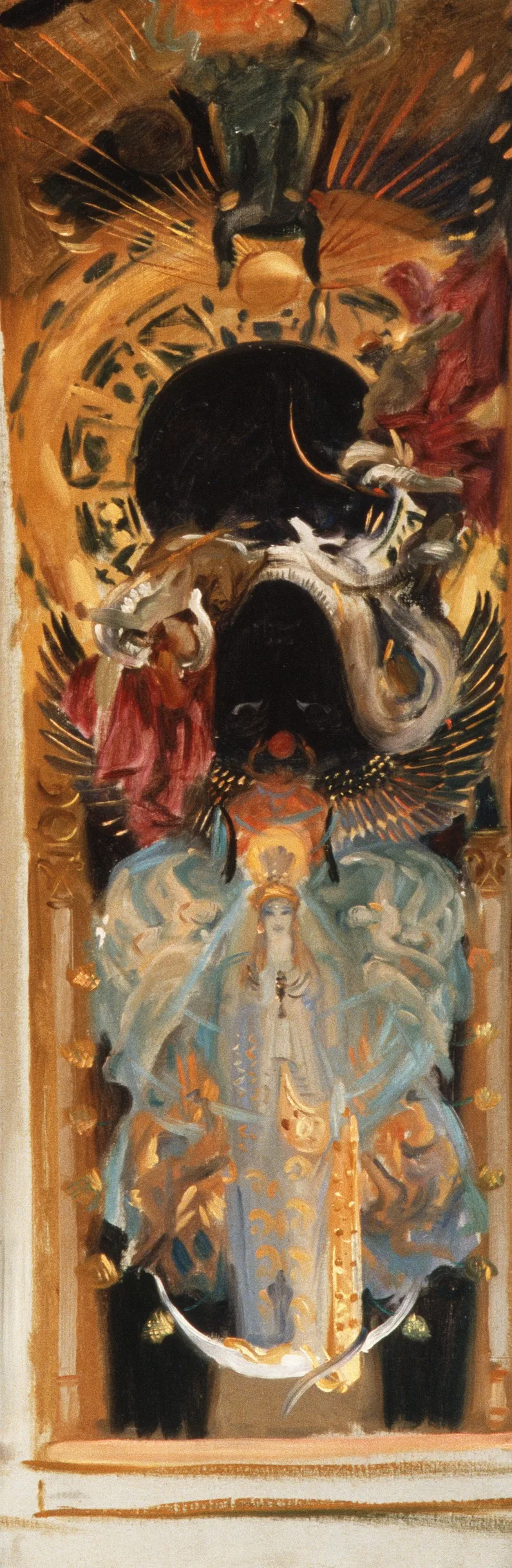 John Singer Sargent's Astarte showing a tall vertical figure compressed against a richly decorated background, with the central silhouette creating a strong compositional anchor