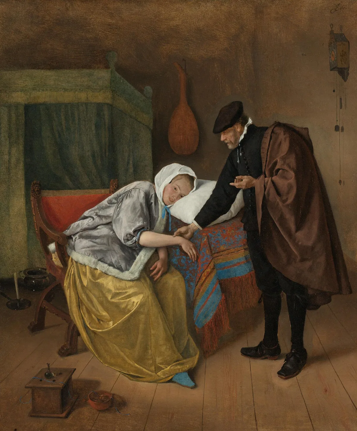Jan Steen's The Sick Woman, a Dutch Golden Age interior showing line, color, texture, value, shape, form, and space working together in a single composition