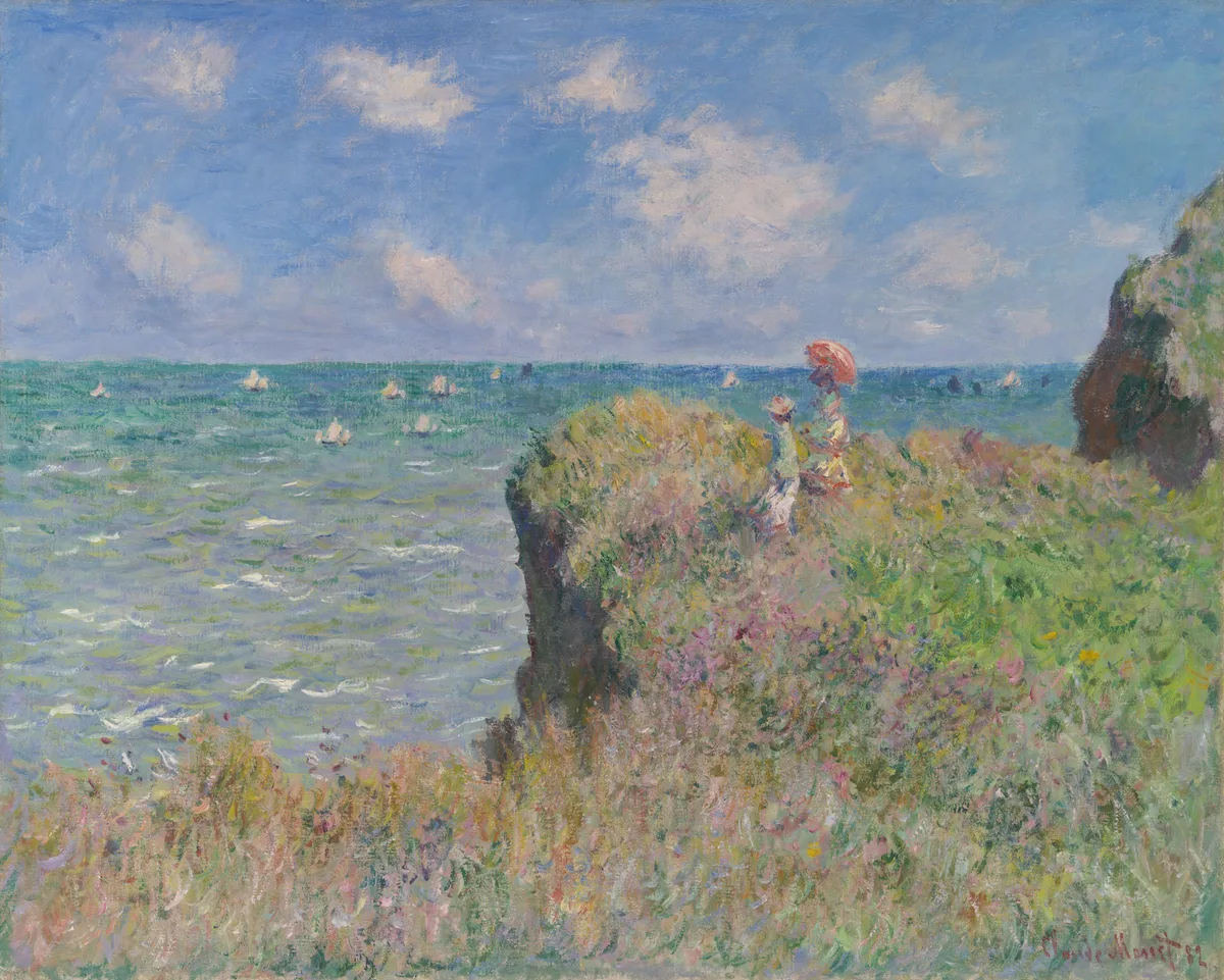 Claude Monet's Cliff Walk at Pourville, 1882, showing atmospheric perspective, color temperature shifts, and implied space receding to the horizon