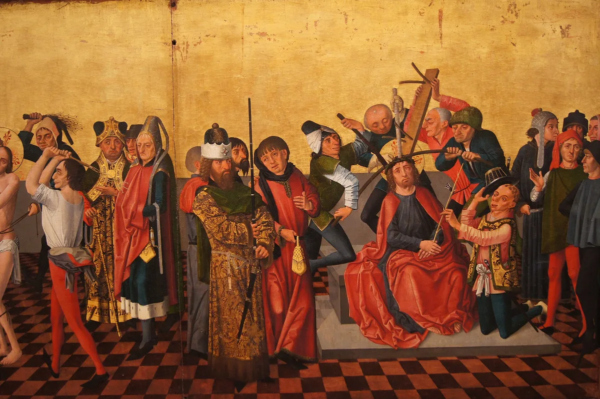 Isenmann's Colmar Altarpiece Flagellation panel showing medieval use of line, geometric shape, pattern, and texture in a multi-figure architectural composition