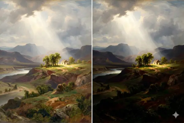 Side-by-side diagram: left shows a composition with low, even contrast throughout; right shows the same composition with high contrast concentrated at one focal point