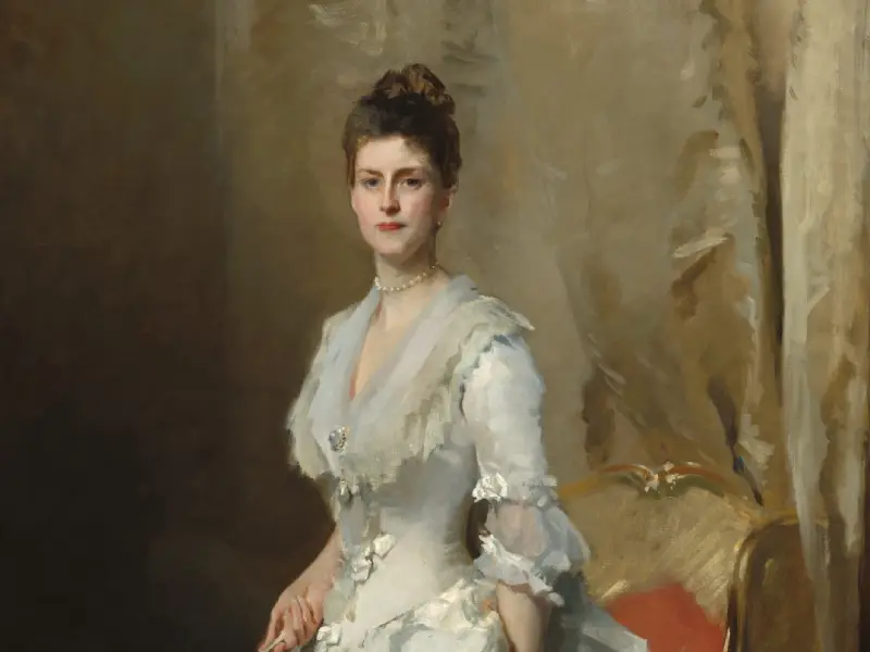 John Singer Sargent's portrait of Mrs. Henry White showing hard edges at the face and hands contrasting with soft, dissolved edges in the dress and background