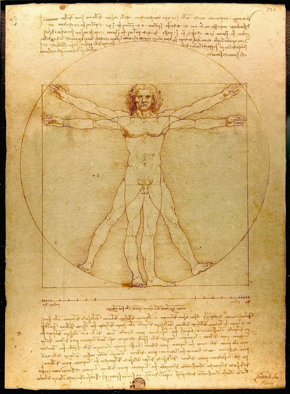 Leonardo da Vinci's Vitruvian Man, c. 1490 — a figure inscribed in circle and square with handwritten notes, demonstrating the proportional systems that connect the Fibonacci sequence in art to the human body