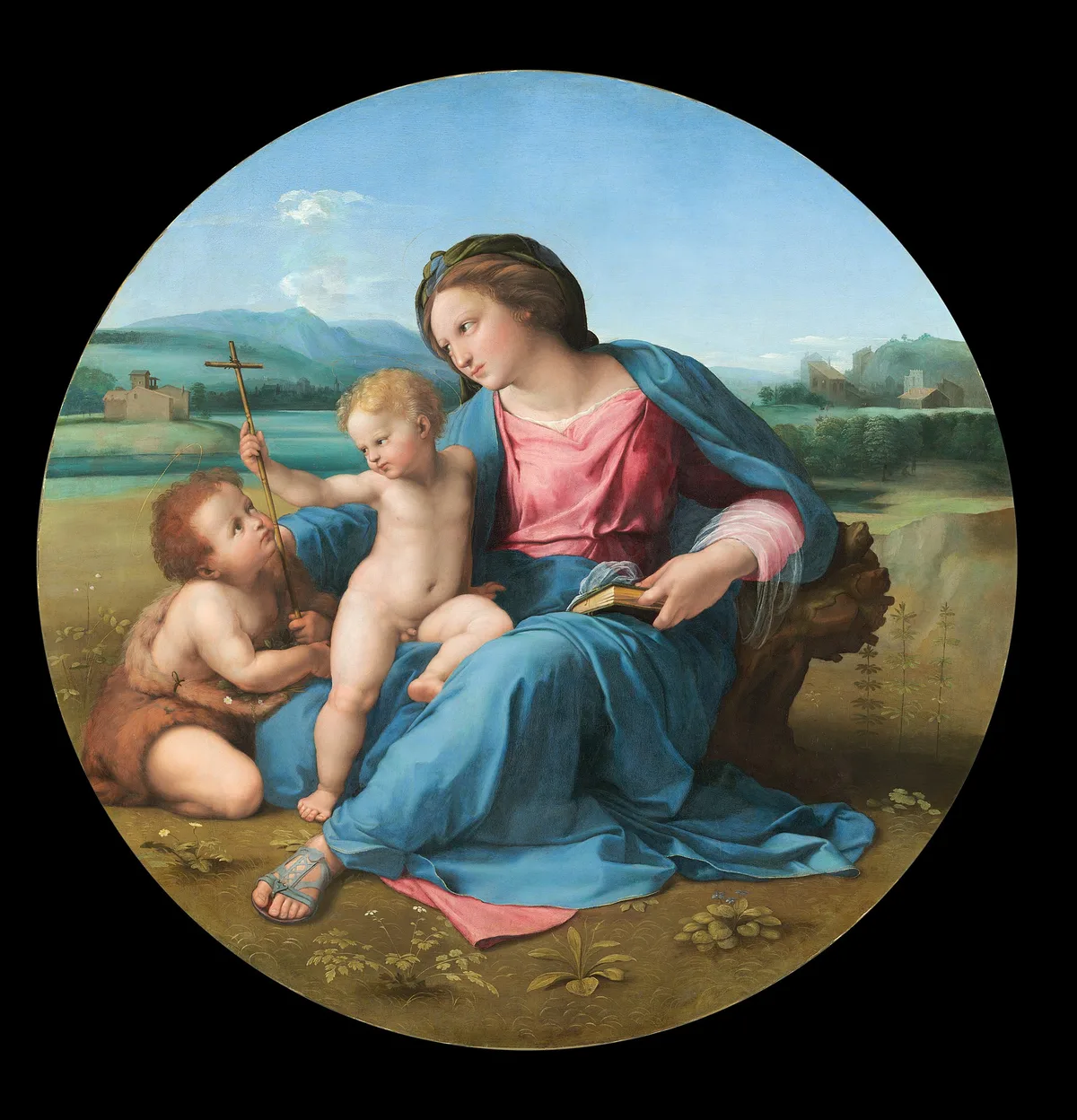 Raphael's Alba Madonna, c. 1510 — a circular tondo showing the Virgin Mary, Christ child, and infant John the Baptist arranged in a triangular grouping that demonstrates Fibonacci and golden-ratio proportion in Renaissance painting