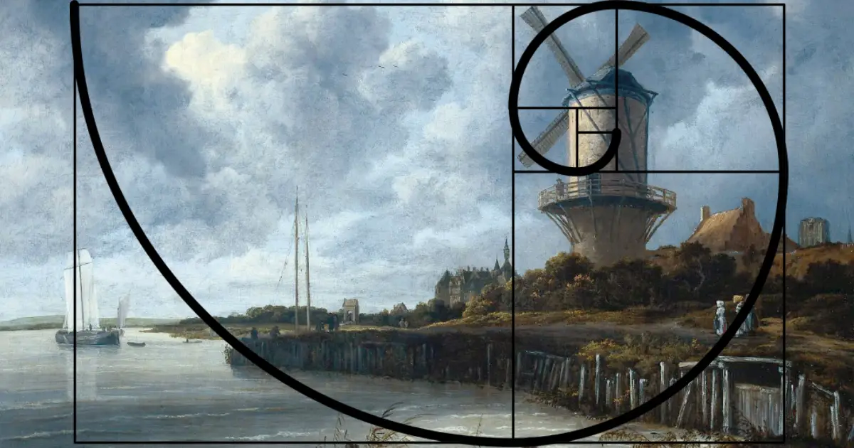Critico's golden spiral overlay — the same Fibonacci-derived curve discussed above, here placed over a Dutch landscape. The convergence point lands on the windmill, the painting's clear focal anchor.