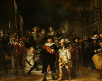 Rembrandt's The Night Watch, the lit captain as a focal point in painting