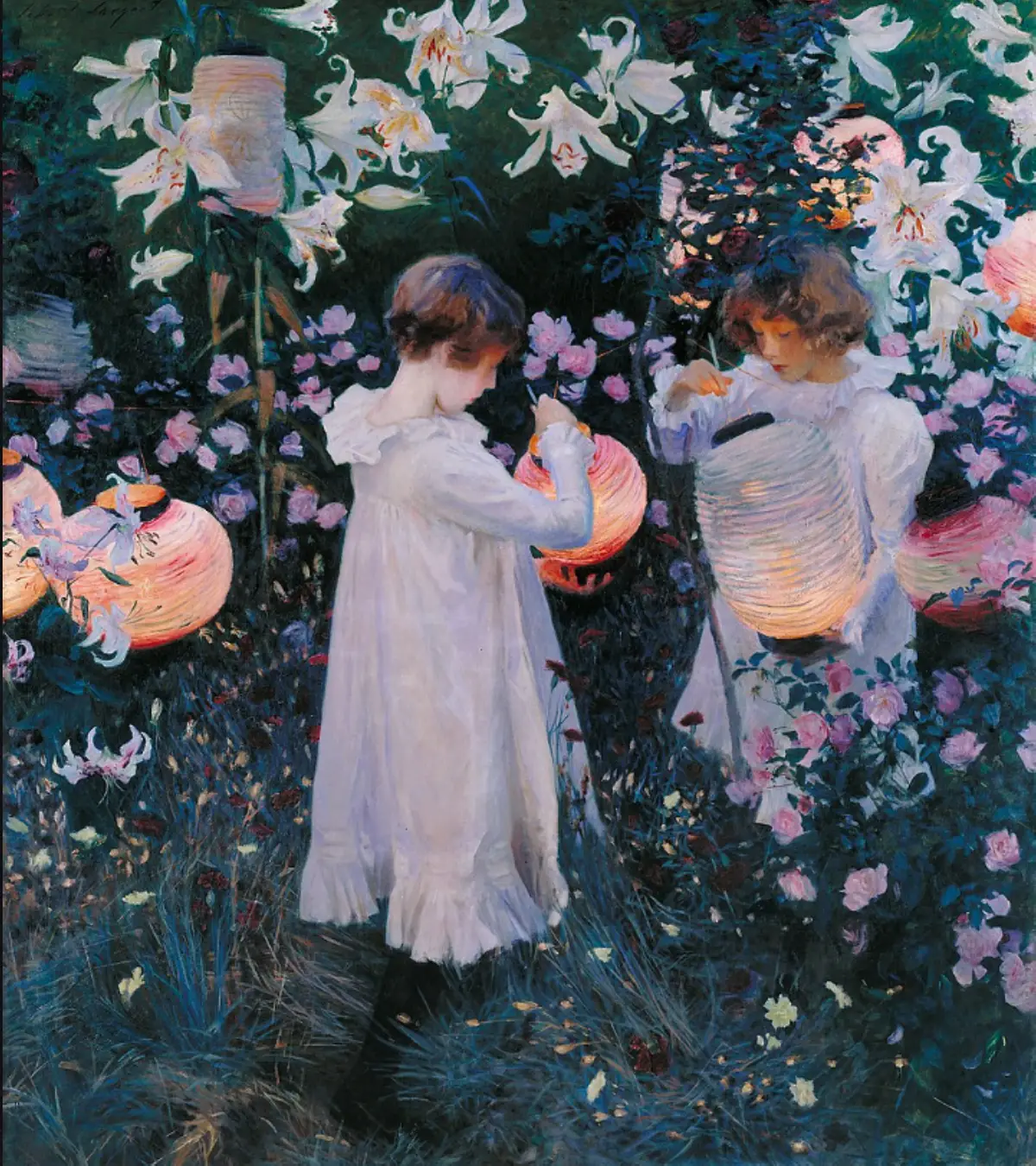 Sargent's Carnation, Lily, Lily, Rose, glowing lanterns as the focal point in art