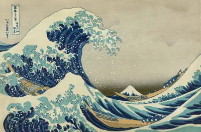 Hokusai's The Great Wave off Kanagawa, with Mount Fuji as a small but unmistakable focal point