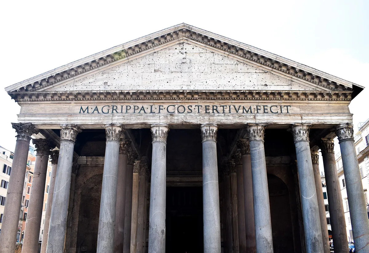 The portico of the Pantheon in Rome, with its triangular pediment, the M AGRIPPA inscription across the frieze and a row of Corinthian columns