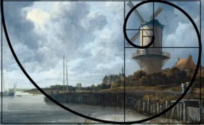 Ruisdael's windmill landscape with a golden spiral overlay, a golden ratio in art example