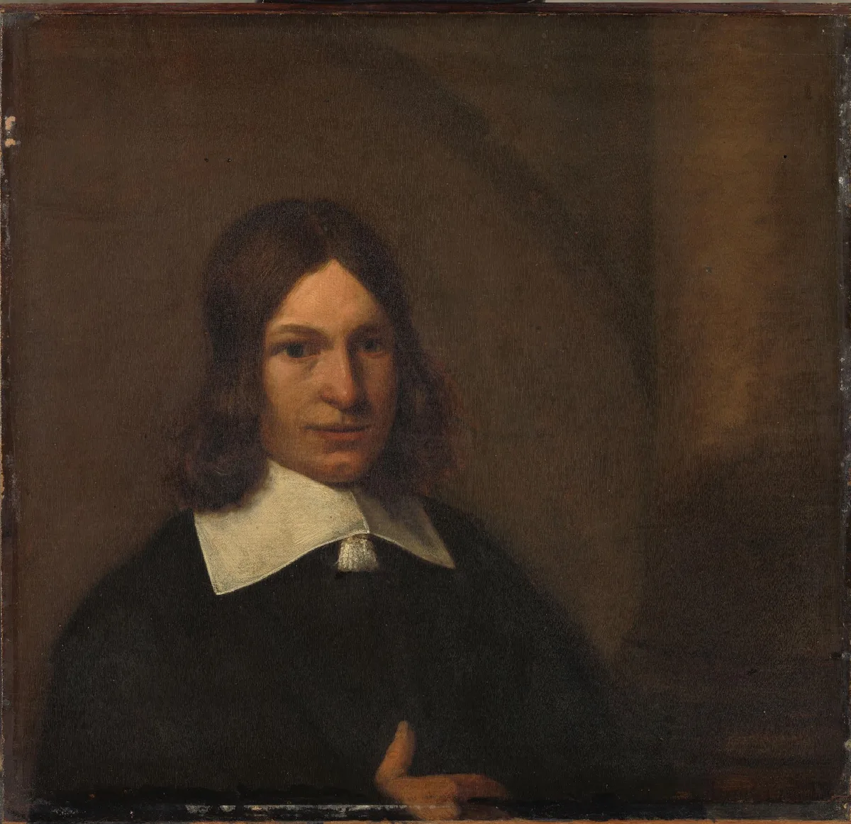 Value study example: attributed to Pieter de Hooch self portrait showing three distinct value zones — dark garment, mid-tone background, and lit face against a white collar