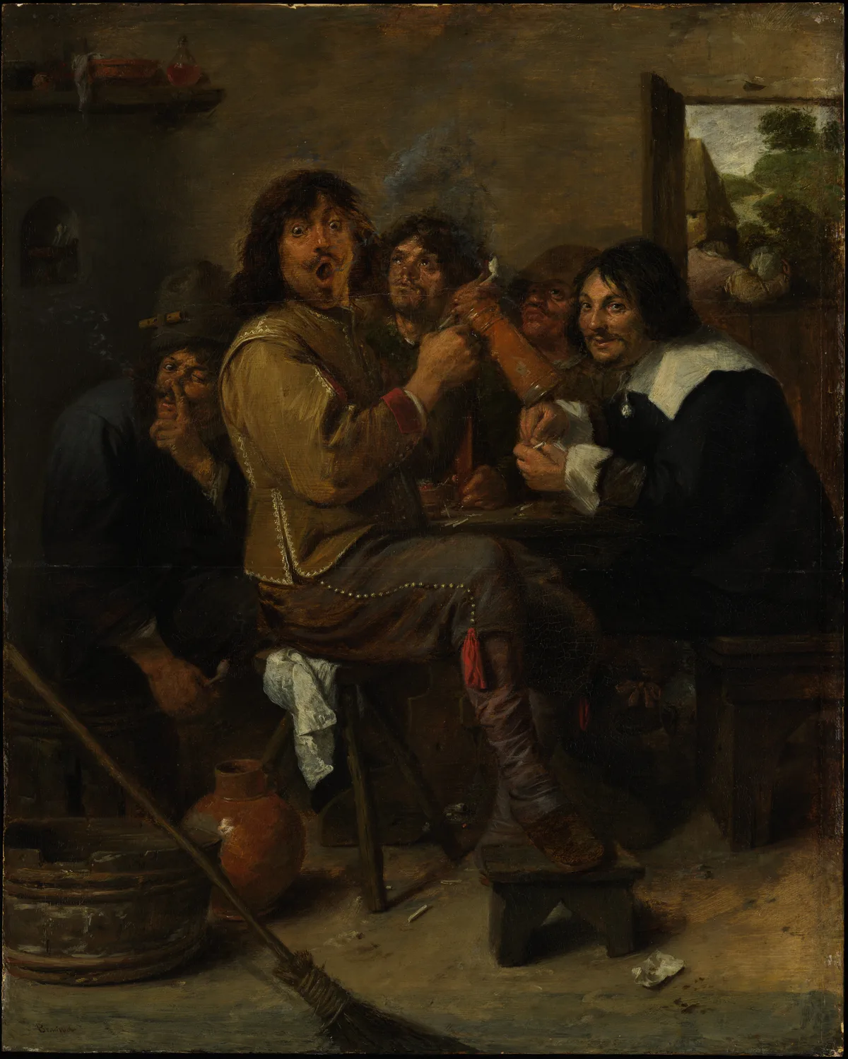 Adriaen Brouwer's The Smokers showing five figures grouped as a light mass against a dark murky interior, demonstrating value grouping as a compositional strategy