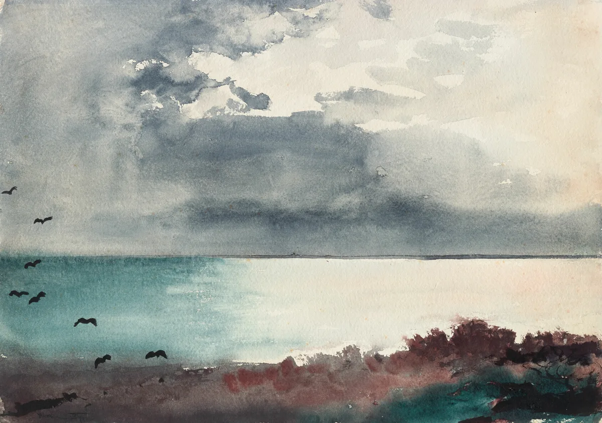 Winslow Homer's Breaking Storm Coast of Maine watercolour showing bold value contrast between dark storm clouds and pale luminous water — a clear example of value study thinking in watercolour
