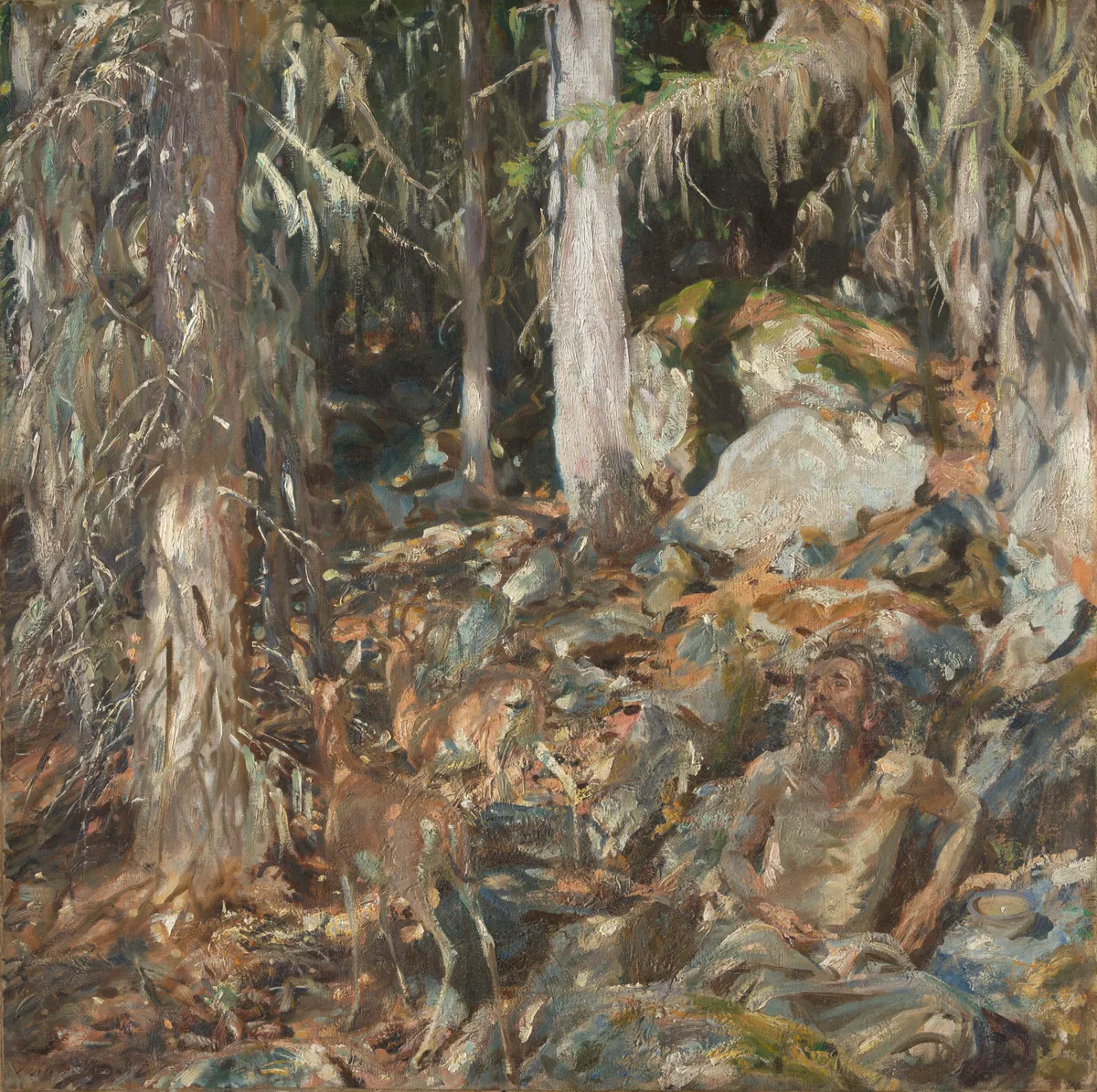 John Singer Sargent's The Hermit showing a reclining figure nearly absorbed into a complex forest scene — the pale face and arm are the only areas of strong light-against-dark contrast, directing the eye immediately