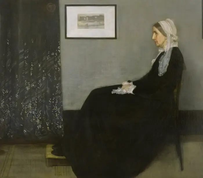 Whistler's Mother (Arrangement in Grey and Black No.1) by James Abbott McNeill Whistler, demonstrating low-key notan art with a dark figure against a light grey background