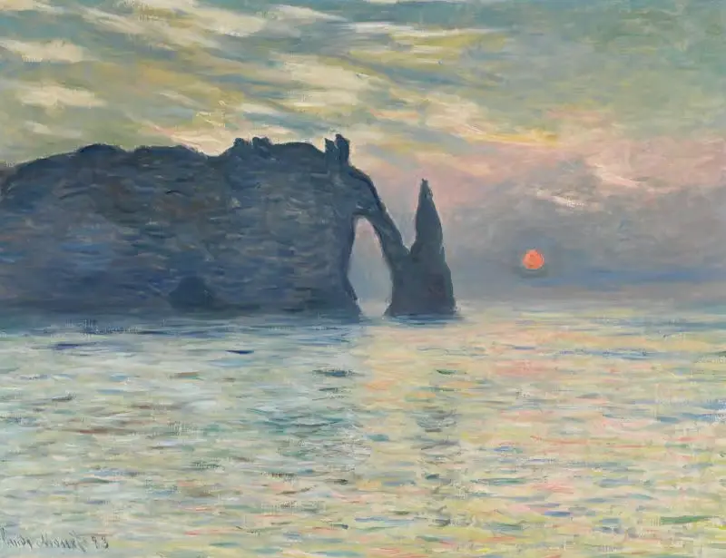 Claude Monet's painting of the cliff at Étretat showing the notan structure — a single dark cliff silhouette against a luminous sunset sky, a classic example of silhouette notan