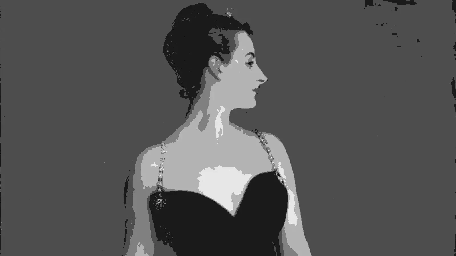 Madame X in Critico's 3-tone value view. The pale figure and dark field — which are obvious in color — become explicit masses you can evaluate as pure shape.