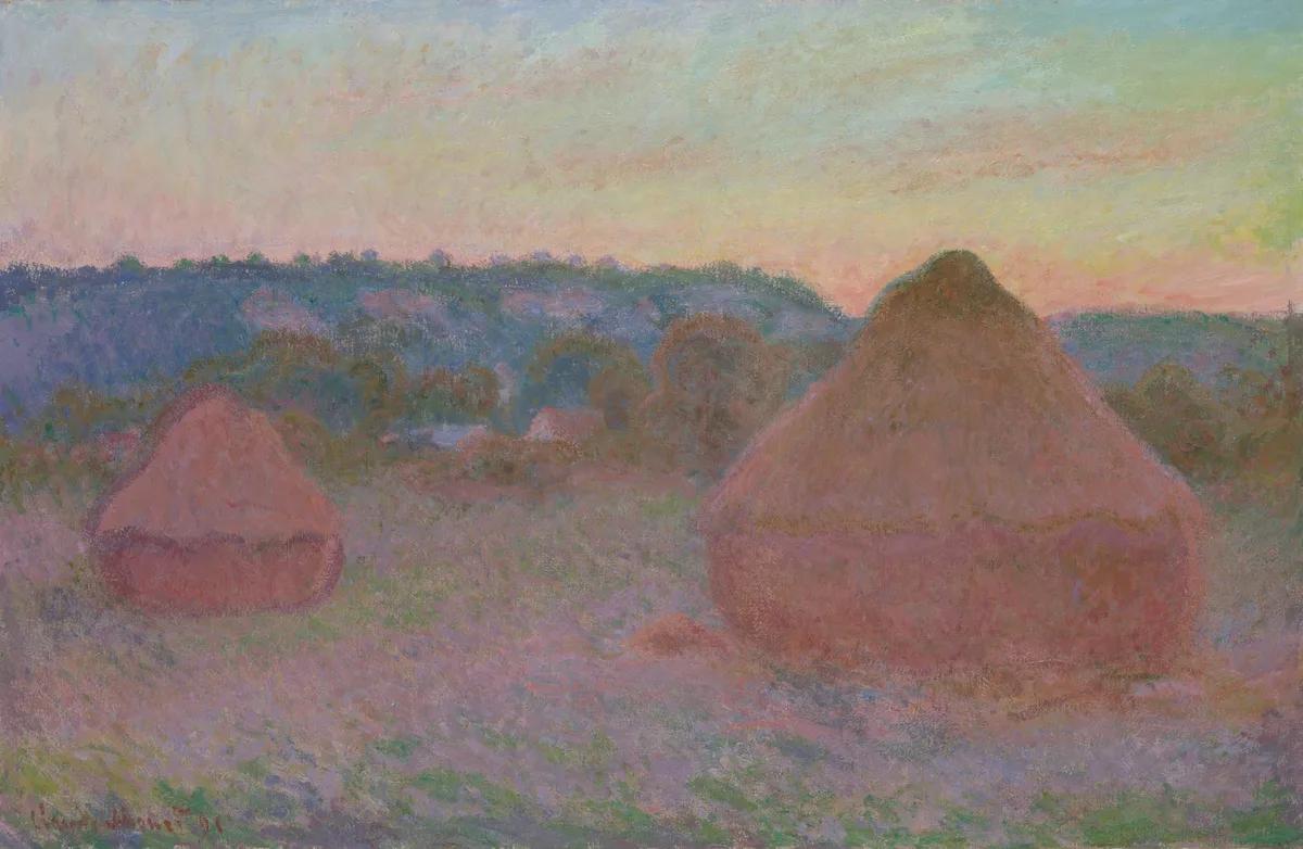 Claude Monet's Stacks of Wheat (End of Day, Autumn), 1890–91 — two haystacks demonstrating rhythm and unity through repeated form and color harmony across the composition