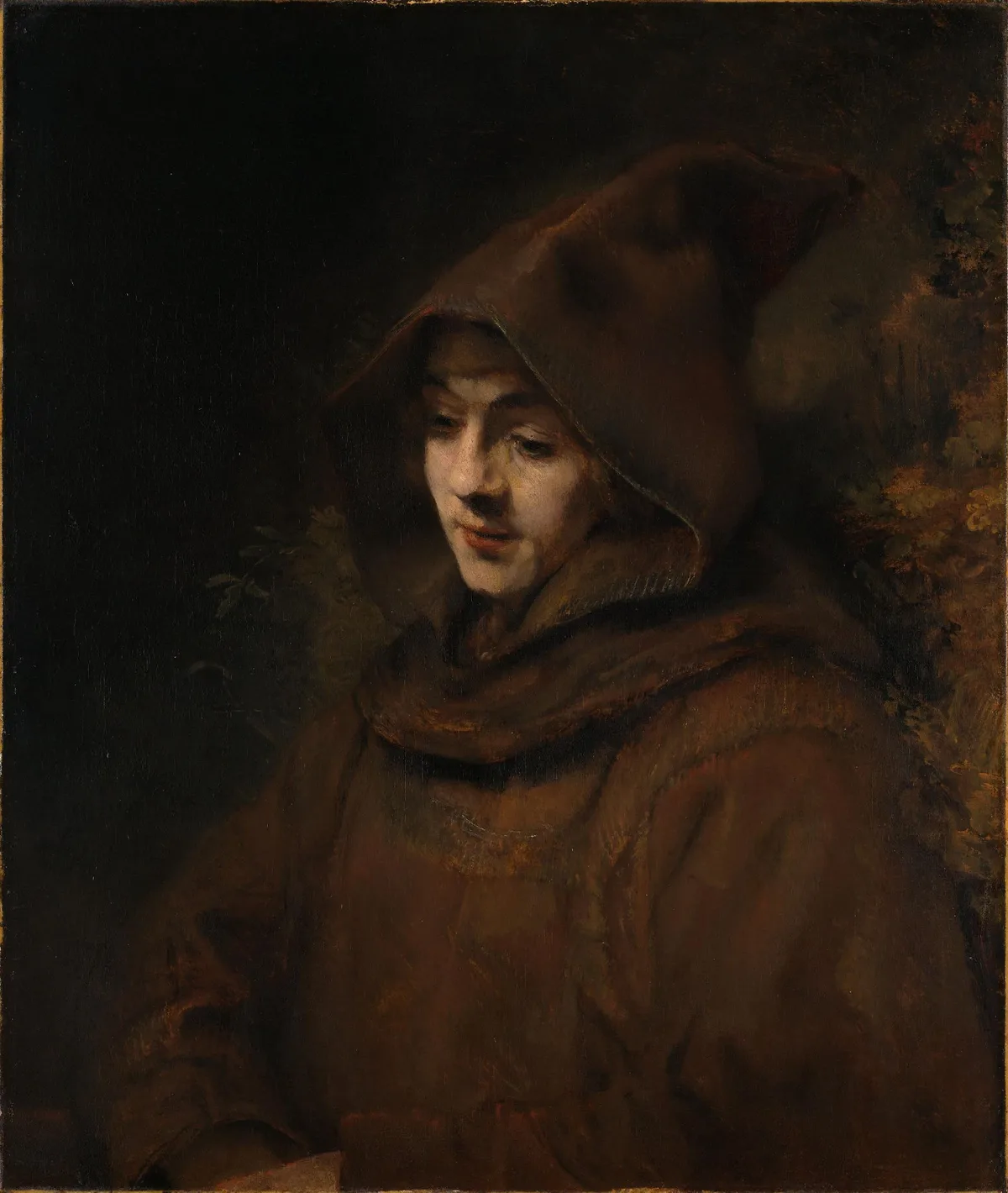 Rembrandt van Rijn's portrait of his son Titus in a monk's habit, 1660, showing how deliberate proportion between the large draped robe and the small illuminated face creates emotional weight — a strong example of proportion in art