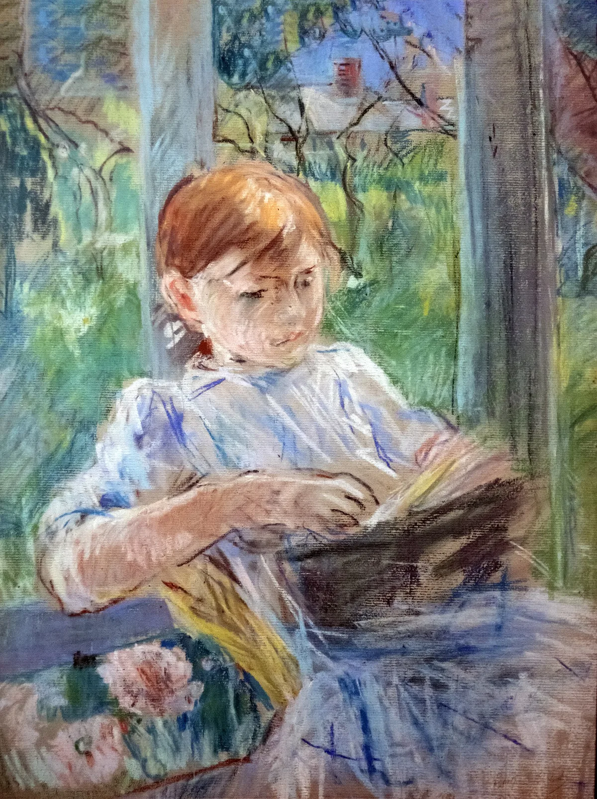 Berthe Morisot's pastel Young Girl Reading showing altered proportion — the loosely rendered dress and background occupy most of the picture area while the focused face is comparatively small, a proportion in art example emphasizing atmosphere over description
