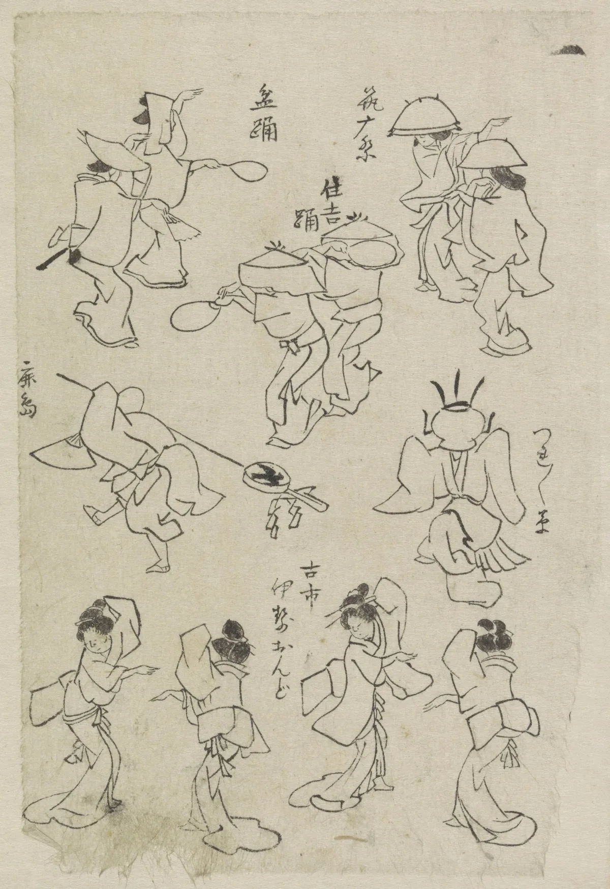 Katsushika Hokusai's Various Dancing Figures showing multiple figures at varied proportional scales, a proportion in art example where size relationships across the sheet create rhythm and compositional tension