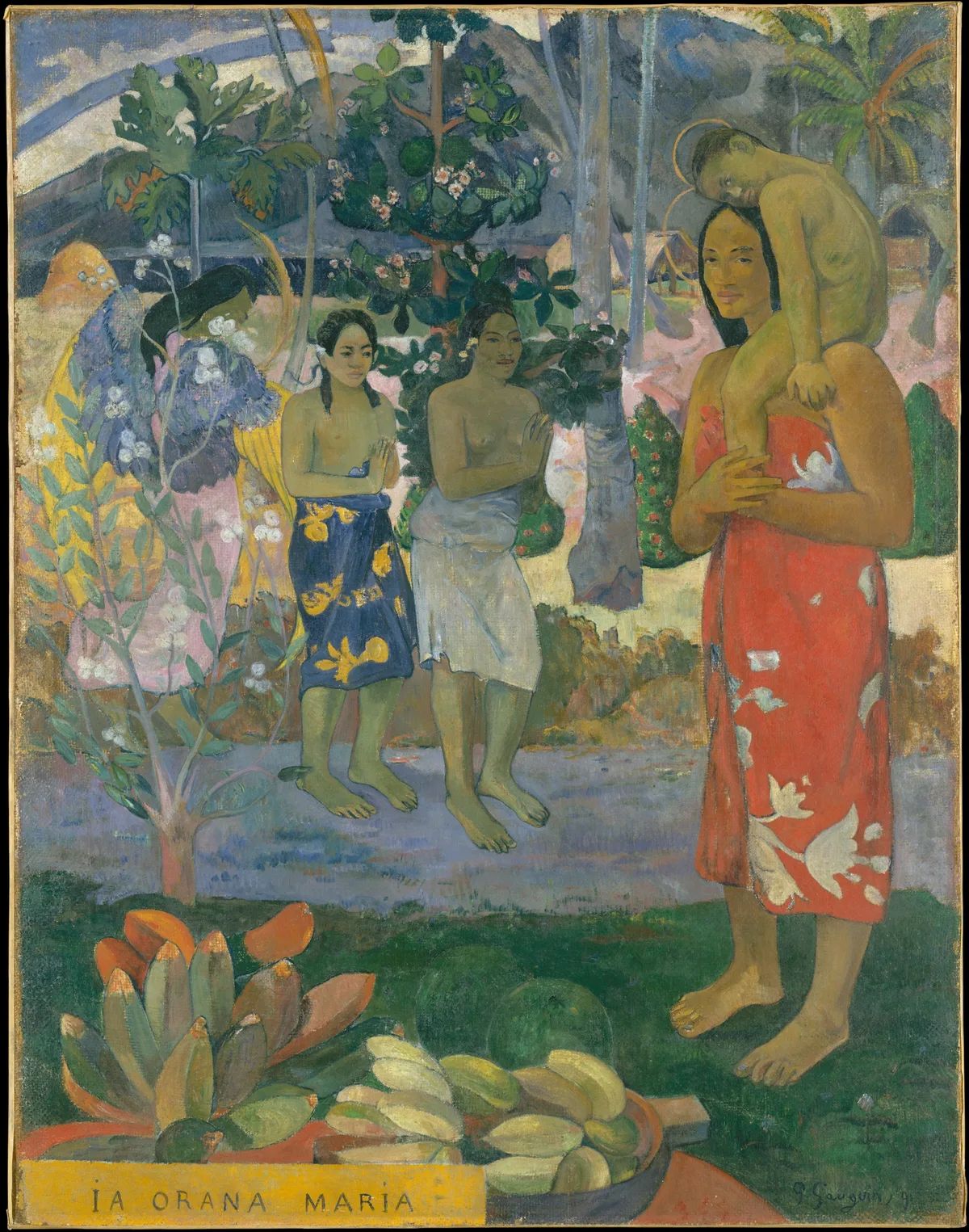 Paul Gauguin's Ia Orana Maria (Hail Mary), 1891, showing hierarchical proportion — the two central figures are taller and more fully realized than the flanking worshippers, directing the viewer's attention through size and proportion in art