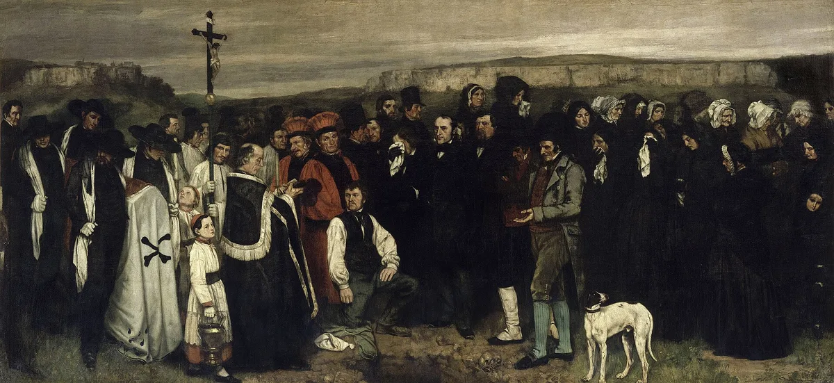 Gustave Courbet's A Burial at Ornans showing a wide horizontal composition where the grey sky serves as expressive negative space pressing down on the row of mourners below