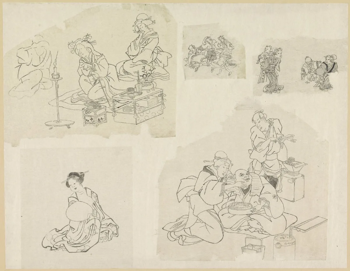 Hokusai drawing showing five human figures at dramatically different scales, illustrating relational scale in art composition