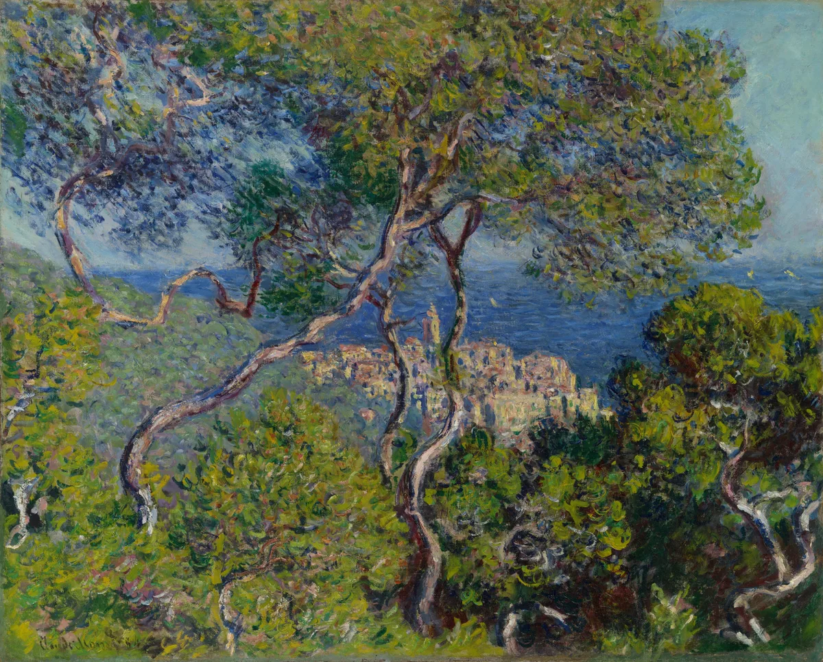 Claude Monet's Bordighera, 1884, showing large foreground trees dwarfing a small distant town to create deep spatial recession through scale contrast