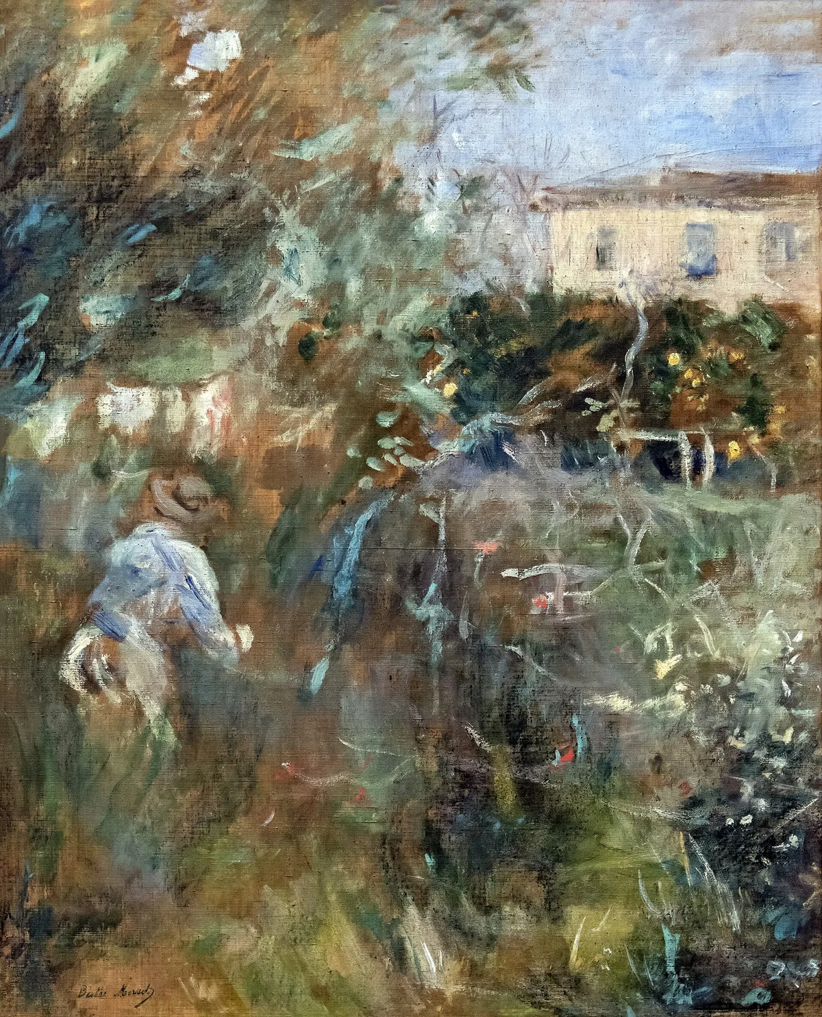 Berthe Morisot's Femme au jardin showing a small female figure set against an enveloping garden, using scale to create emotional intimacy and quiet absorption