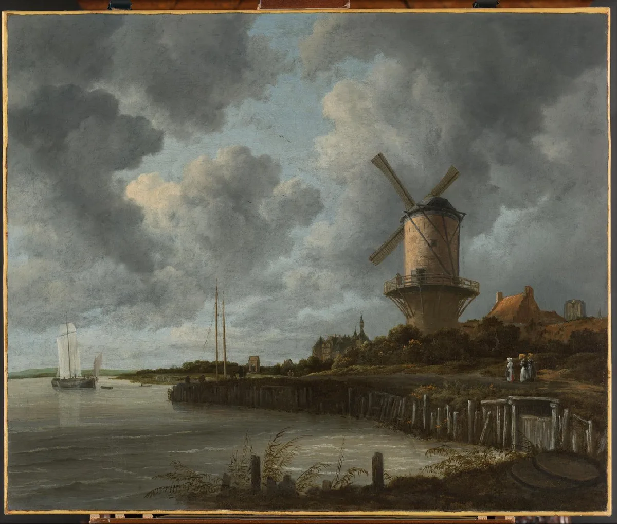 Jacob van Ruisdael's The Windmill at Wijk bij Duurstede showing a massive windmill dominating tiny human figures against a dramatic sky, demonstrating scale used to convey power and presence in landscape painting