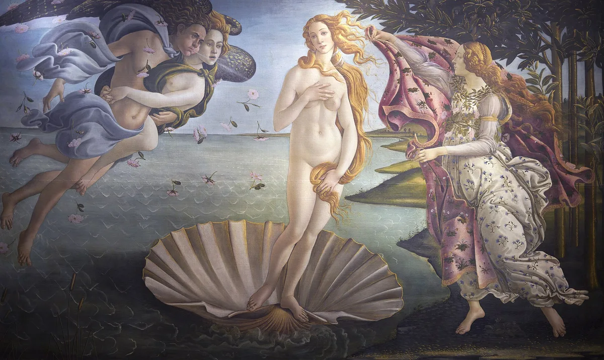 Botticelli's Birth of Venus showing a narrow, high-key tonal range — pale figures against a light sky and sea, demonstrating close-value tonal control in Renaissance painting