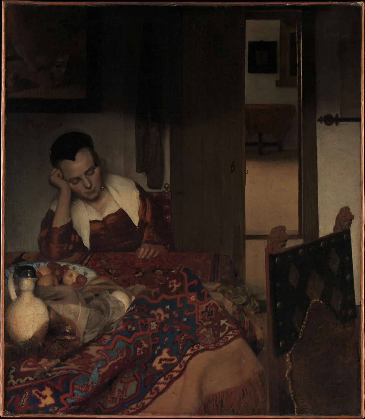 Vermeer's A Maid Asleep showing subtle tonal gradations across domestic interior — quiet atmosphere built through carefully controlled mid-tone values and gentle light from the left