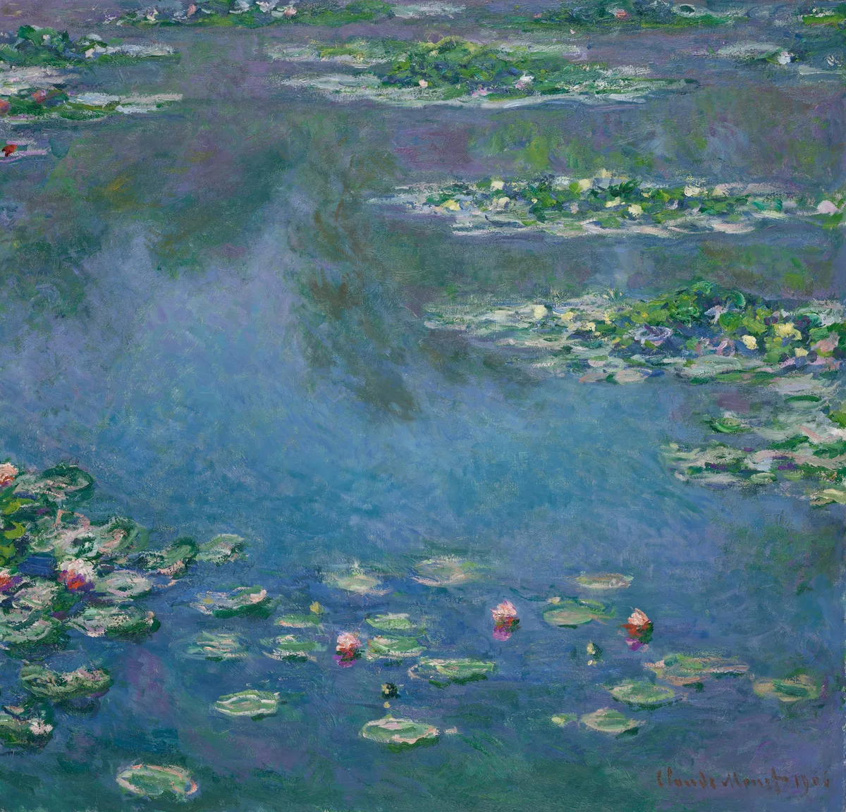 Claude Monet's Water Lilies 1906 showing compressed tonal range with no strong darks — atmospheric, low-contrast tone creating a sense of shimmering surface light on the pond