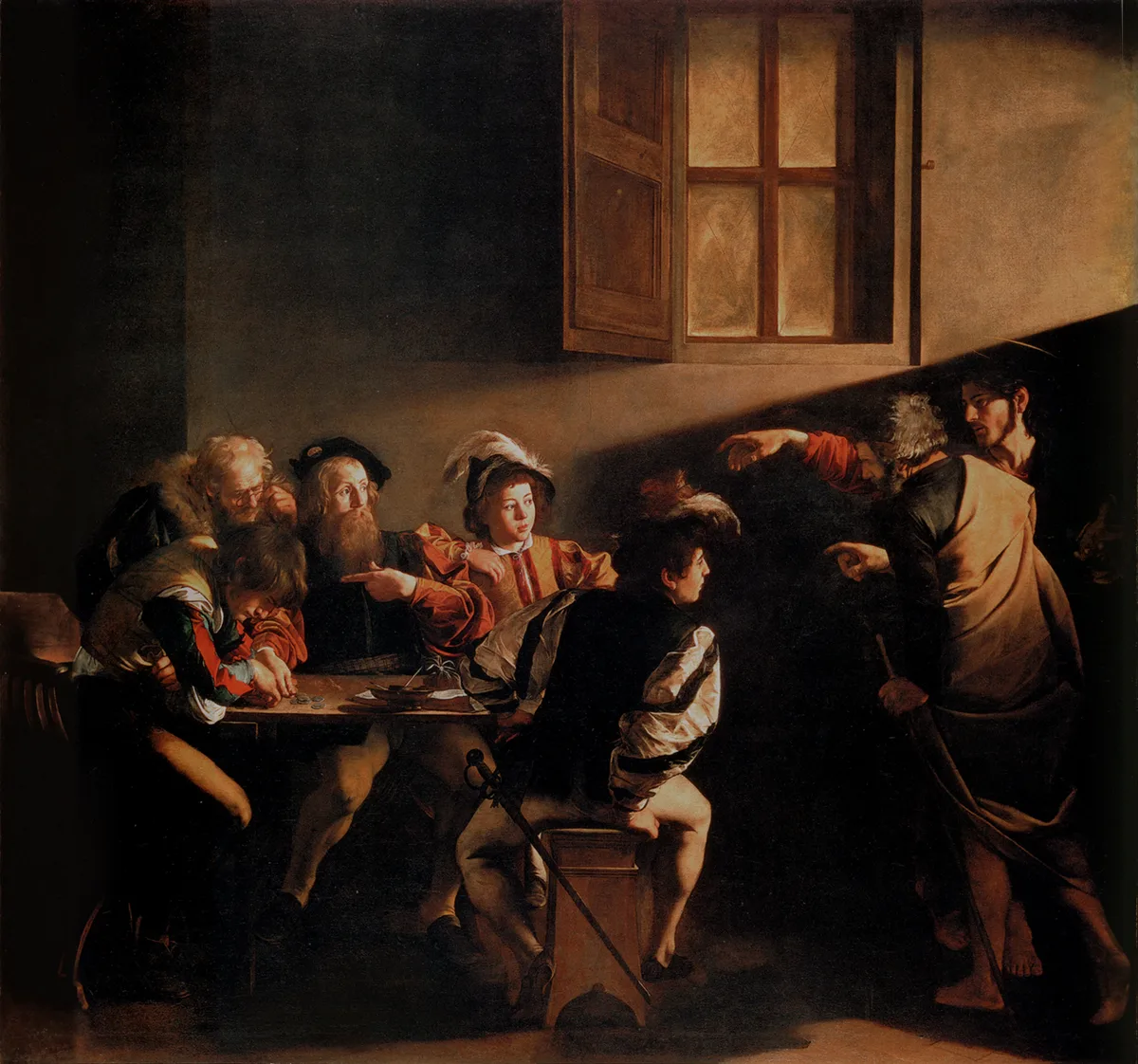 Caravaggio's The Calling of Saint Matthew showing a diagonal implied triangle formed by Christ's outstretched arm, Matthew's surprised gesture, and the shaft of light cutting across the scene