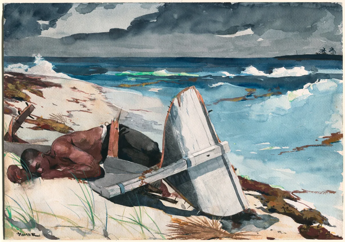 Winslow Homer's watercolor After the Hurricane, Bahamas, 1899, showing the diagonal triangle formed by the prone figure, the tilted boat, and the open sky above