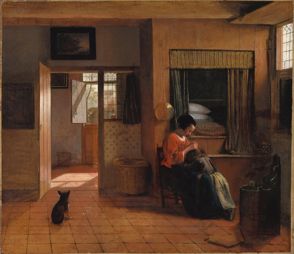 Pieter de Hooch's A Mother's Duty, c. 1660-61, showing the mother and child arranged as a stable upright triangle within the sunlit Dutch interior