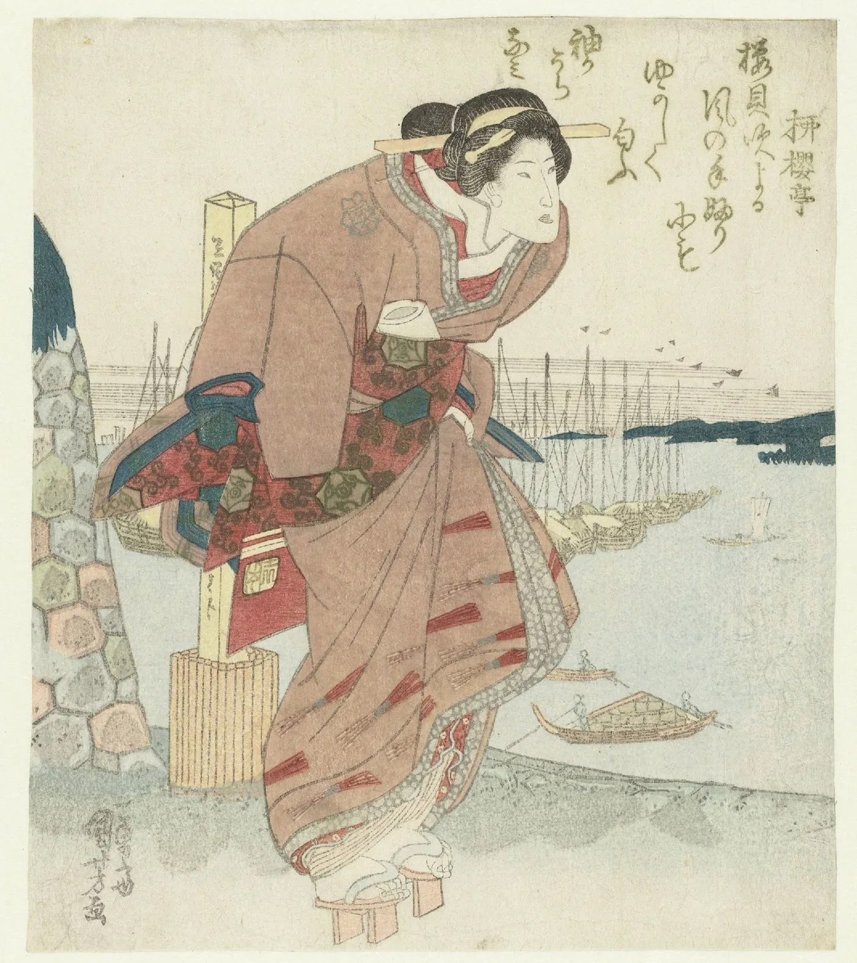 Utagawa Kuniyoshi's woodblock print Vrouw bij een haven showing a woman at a harbor — flat, clearly separated value shapes demonstrate Japanese printmaking's approach to value structure