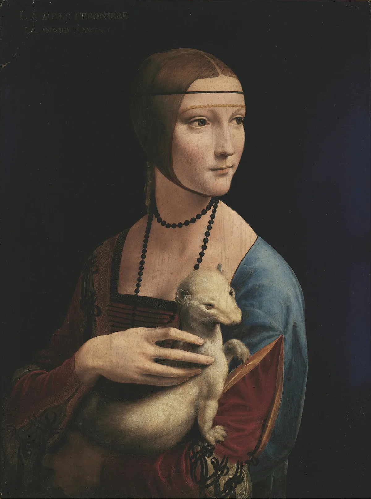 Leonardo da Vinci's Lady with an Ermine — the illuminated face and white animal glow against a near-black background, demonstrating sfumato and controlled value contrast in Renaissance portraiture
