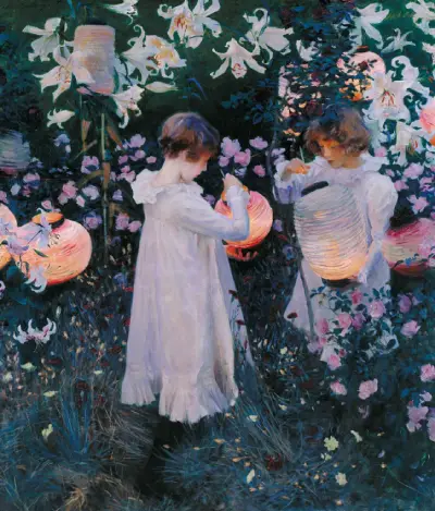 Sargent's Carnation, Lily, Lily, Rose, glowing lanterns as the lightest values in a cool dusk