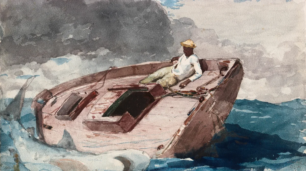 Winslow Homer's watercolor The Gulf Stream, showing a man on a dismasted boat, a white shirt against a dark grey storm cloud and deep blue water