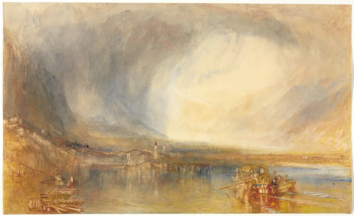 Turner's watercolor Flüelen, from the Lake of Lucerne, 1845, with a storm cloud and mountains dissolving into a bright sky above a lakeside town
