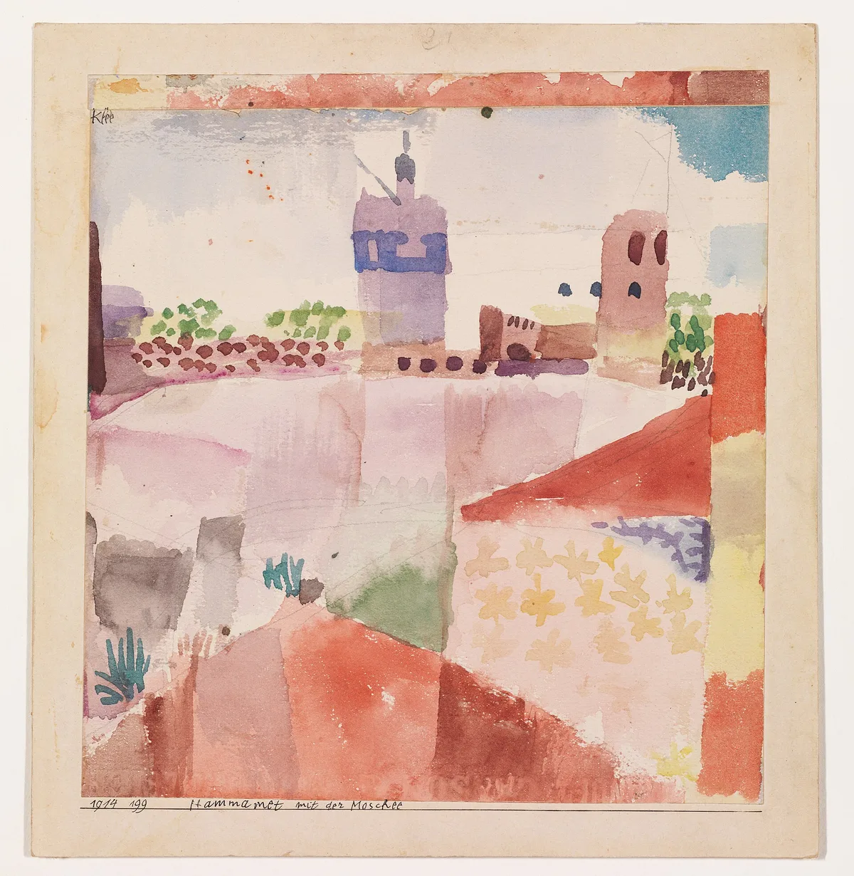 Paul Klee's watercolor Hammamet with Its Mosque, 1914, built from soft blocks of pink, red, lavender and green in a light value range